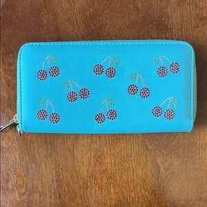 Claire's Turquoise Zip-Around Wallet with Red Cherry Rhinestones